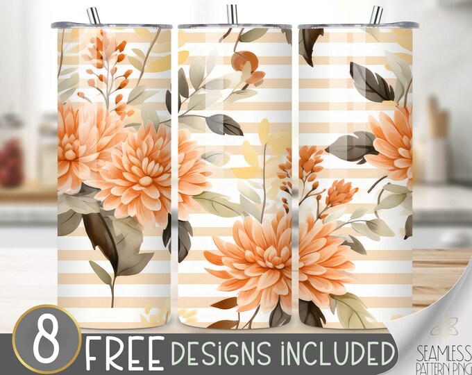 Fall Floral Tumbler Wrap, Autumn Dahlia Seamless Design, Autumn Flower Sublimation Tumbler Design PNG, Chrysanthemum 20 OZ Skinny Wrap PNG