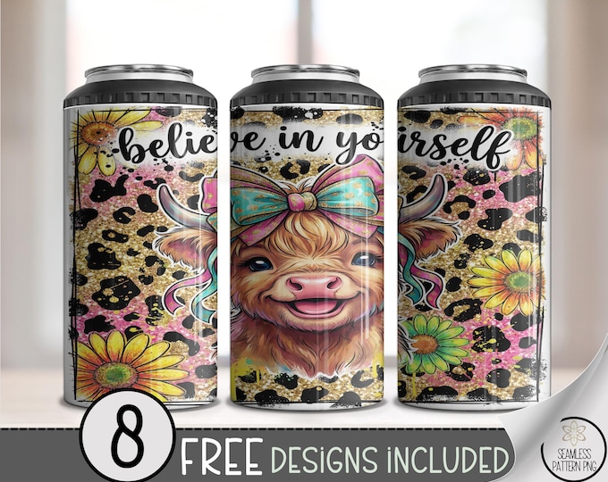 Happy Highland Cow PNG, Cute Leopard Print 4-in-1 Can Cooler Wrap, Sunflower Sublimation Design, Digital Download, B888