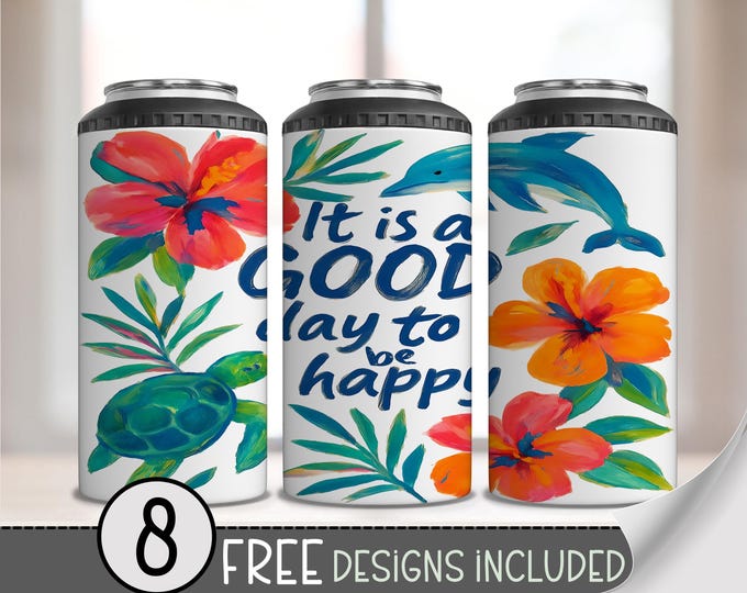 Good Day to Be Happy 4-in-1 Can Cooler PNG, Dolphin Turtle 4 in 1 Floral Wrap, 16 oz Summer Sublimation Design,16oz 4in1 Sea Turtle PNG A238