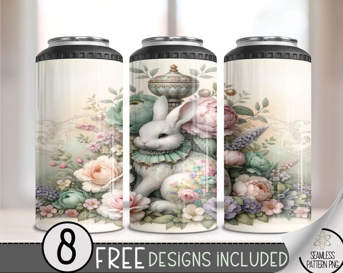 Shabby Chic Easter 4 in 1 Can Cooler Wrap,Easter Egg 4in1 Tumbler PNG,Egg Bunny 16 Oz Can Cooler Sublimation Design,Rococo Grand Millennial