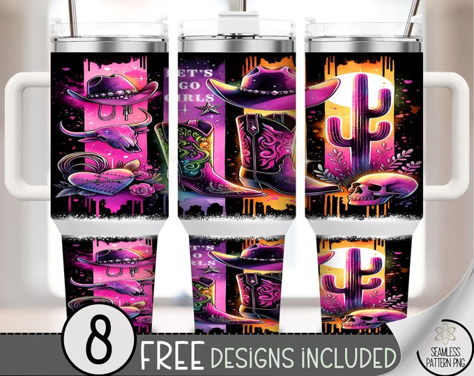 Neon Western Cowgirl 40 oz Tumbler Wrap, 40oz Lets Go Girls Sublimation Design, Cactus Skull Cowboy Hat Tumbler PNG, A458