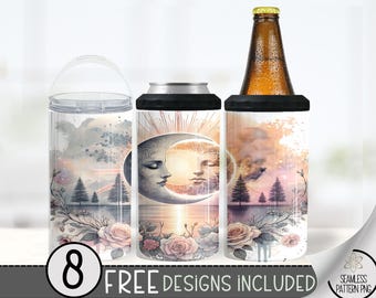 Boho Floral Can Cooler Wrap, Ethereal 16 oz 4-in-1 Cooler Sublimation, Sun & Moon Design, Celestial Can Wrap, Pastel Nature Wrap,Gothic Lace