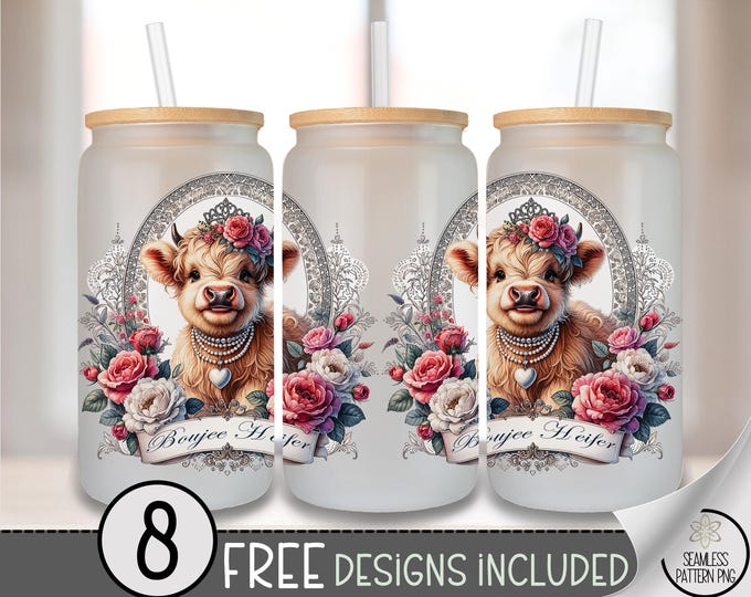 Boujee Heifer Glass Can Wrap PNG, Instant Digital Download, Lovely Highland Cow, Cute Design, Sublimation, A750