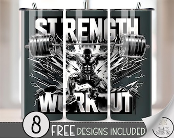 Strength Workout 20 oz Tumbler Wrap PNG, Motivational Power Fitness, Digital Download for Gym Lovers, Sublimation Inspirational Design, A723