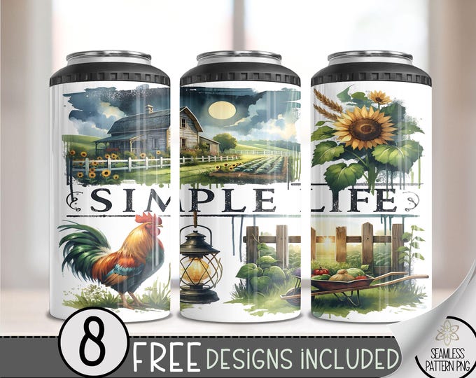 Country Western 4 in 1 Can Cooler Wrap, Western Rooster 4in1 Tumbler PNG Flower 16 Oz Can Cooler Sublimation Design Simple Farm Life PNG A96