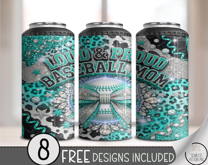 Baseball Mom 4in1 Can Cooler Wrap, Glittery Rhinestone Sublimation Design, Teal Sports Theme 16 oz 4-in-1 File, Sporty Glam Style B10135
