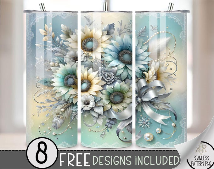 Blue Coquette Sunflowers Tumbler Wrap, Grandmillenial 20oz Skinny PNG, Blue Bow Glitter Sublimation Design, Glitter Flowers Digital Download