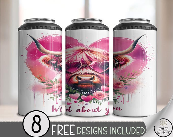 Highland Cow Valentine 4-in-1 Can Cooler PNG, Western Valentine Png, Valentine Heart Png, Wild About You, A677