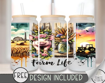Farm Life Glass Wrap, Western 16 Oz Glass Can Wrap PNG, Cute Pig Glass Can Sublimation Design, Country Western PNG,Tractor Sunset Wrap, A160