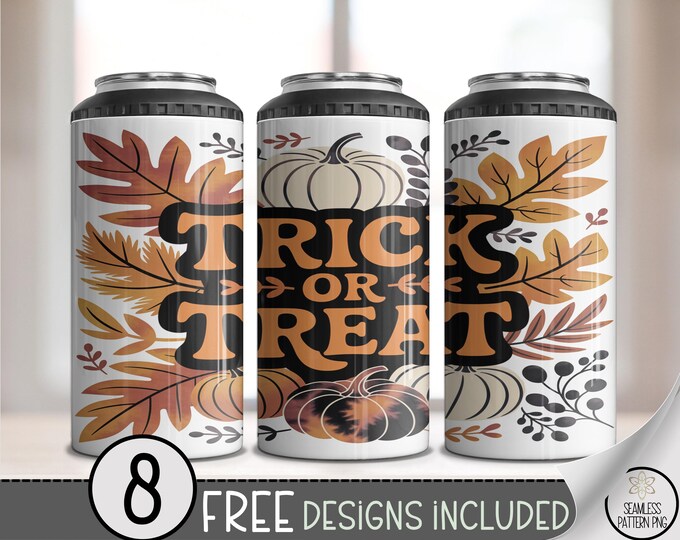 Trick or Treat Tumbler Wrap 4-in-1, Fall Pumpkin Halloween Sublimation PNG, Autumn Leaves Wrap, Rustic Halloween Can Cooler Design, A362