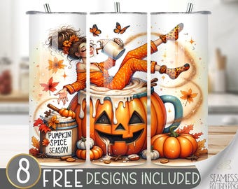 Pumpkin Spice Tumbler Wrap Design, Fall Coffee 20 oz Sublimation PNG, Autumn Pumpkin Spice Latte, Cinnamon & Coffee Beans Design, Funny PNG