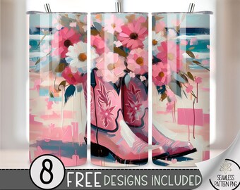 Cowboy Boots At The Beach PNG Tumbler Wrap, Western Seamless Design, Instant Download, 20 Oz Skinny Sublimation Tumbler Design, Teal Acrylic