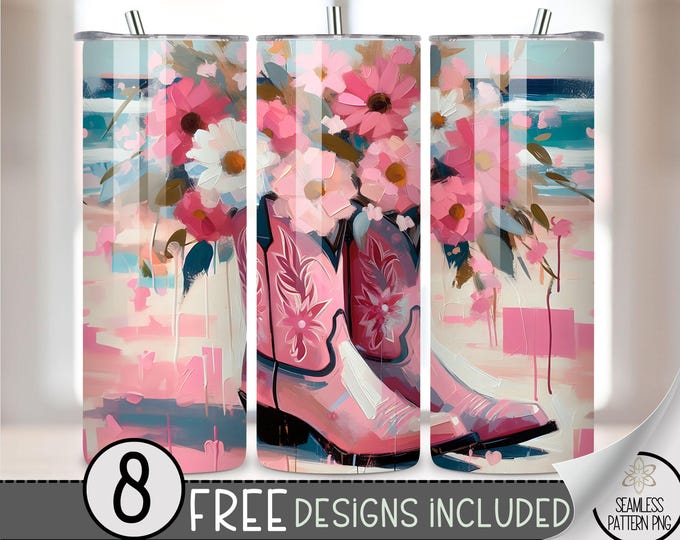 Cowboy Boots At The Beach PNG Tumbler Wrap, Western Seamless Design, Instant Download, 20 Oz Skinny Sublimation Tumbler Design, Teal Acrylic