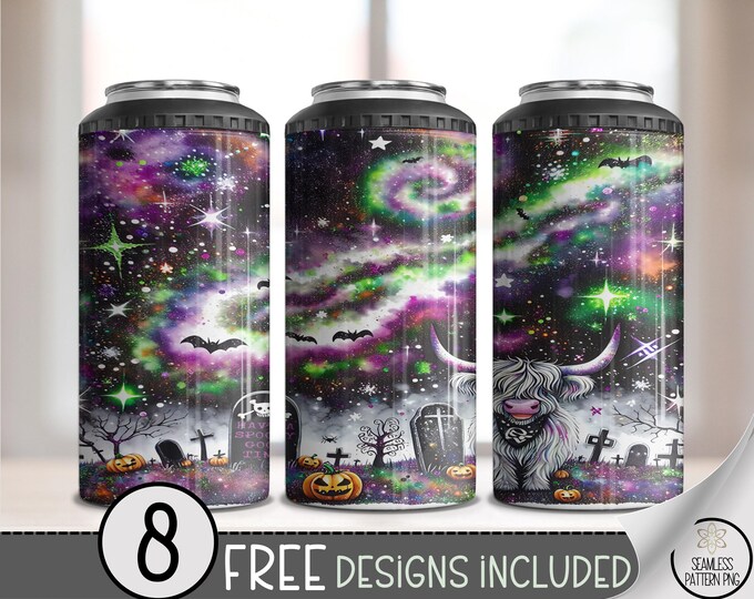 Spooky Halloween Can Cooler Wraps, Vibrant Night Sky, Ghostly Graphics, Party Tumbler, 4 in 1 Wrap Free Designs Included, A409