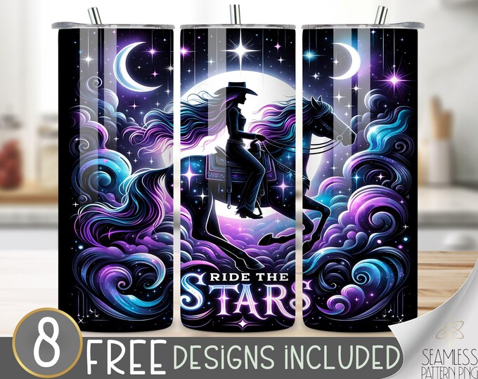 Western Tumbler Wrap, Neon Cowgirl Riding Horse Sublimation Tumbler Design, Ride The Stars, Country Girl Sublimation File, Country Western