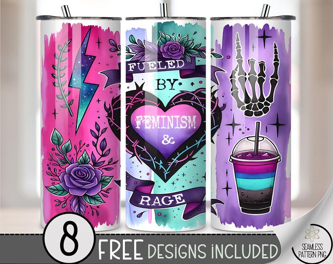 Fueled by Feminism & Rage Tumbler Wrap PNG, 20 oz Watercolor Skeleton Hand Sublimation Design, Purple 20oz Iced Coffee Tumbler File, A353