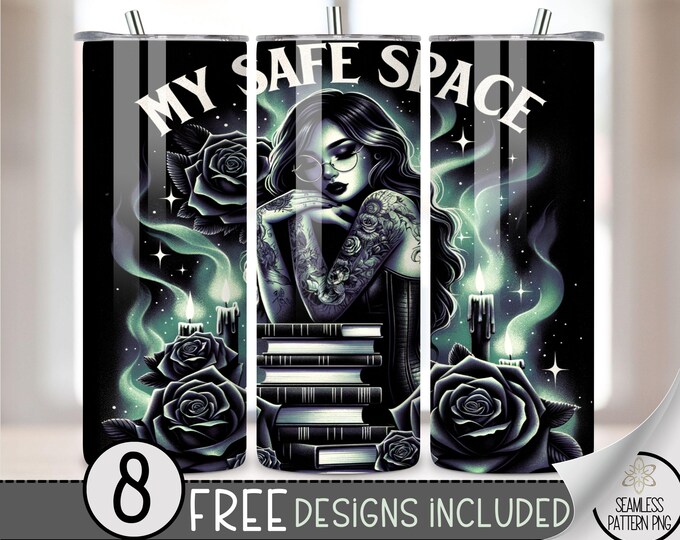 Book Tumbler Wrap for 20 oz Skinny Tumbler, Safe Space 20oz Sublimation Design, Floral Librarian Tumbler File, Reading Tumbler Wrap PNG A24