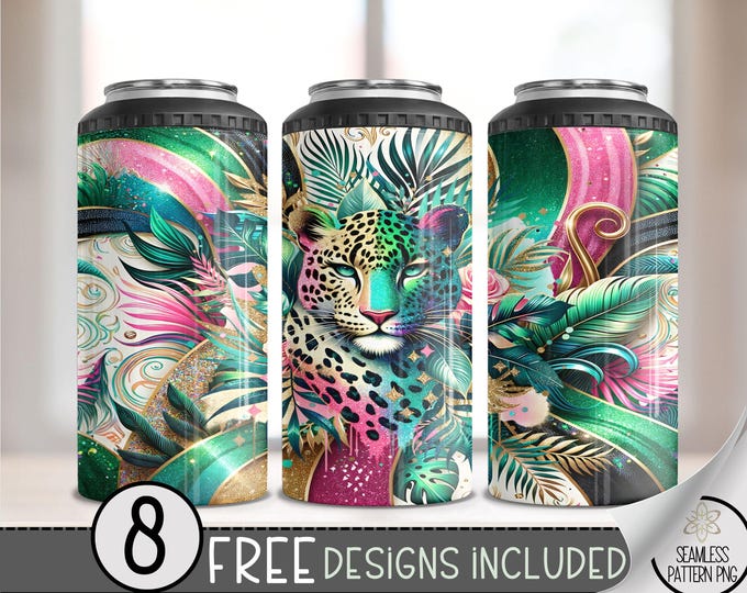 Glitter Leopard 4 in 1 Can Cooler Wrap, Sparkly Leopard Print 4in1 Tumbler PNG, Summer Tropical 16 Oz Can Cooler Sublimation Design,Glam PNG