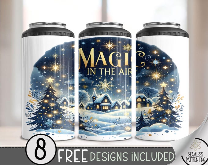 Winter Magic 4 in 1 Can Cooler Wrap, Snow Village 4in1 Tumbler PNG, Xmas Winter 16 Oz Can Cooler Sublimation Design, Magic Air Hard Can PNG