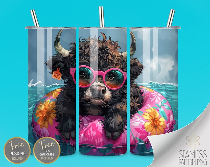 Floating Highland Cow Tumbler Wrap Sublimation, 20 oz Straight Pool Party Tumbler Design Files, Funny Summer Instant Download PNG