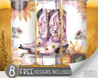 Western Feminine PNG Tumbler Wrap, Sunflower & Cowboy Boots Seamless Design, Instant Download, 20 Oz Skinny Sublimation Tumbler Design