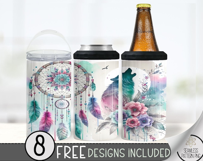 Floral Wolf Can Cooler Wrap, Dreamcatcher 16 oz 4-in-1 Cooler Sublimation, Boho Moon Dream 16Oz Tumbler File, Mystical Design File PNG