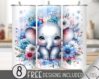 Cute Elephant Tumbler Wrap, Winter 20 Oz Skinny Tumbler Sublimation Design, Pastel Plaid PNG Tumbler Wrap, Wild Animals Tumbler Design Png
