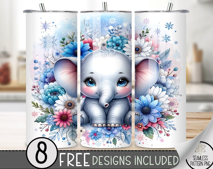 Cute Elephant Tumbler Wrap, Winter 20 Oz Skinny Tumbler Sublimation Design, Pastel Plaid PNG Tumbler Wrap, Wild Animals Tumbler Design Png
