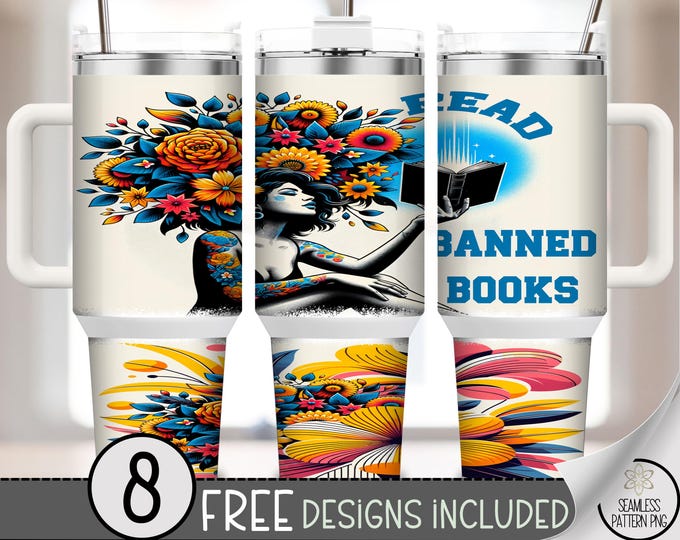 Bold 40 oz tumbler wrap: Banned Books Sublimation Design, Expressive PNG Files, Colorful Flowers & Reading PNG Printable A534