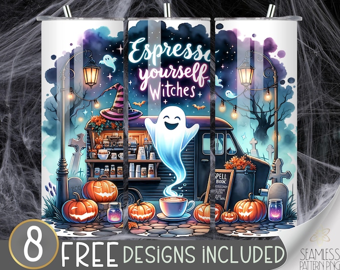 Espresso Yourself Witches Tumbler Wrap, Halloween Coffee Truck Design, Spooky Ghost Pumpkin 20oz Sublimation PNG, Ghost Pumpkin PNG File