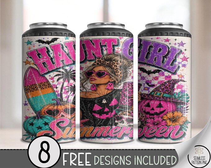 Halloween Haunt Girl 4-in-1 Can Cooler Wrap, Retro Summerween Sublimation Design, Digital Download, B10389