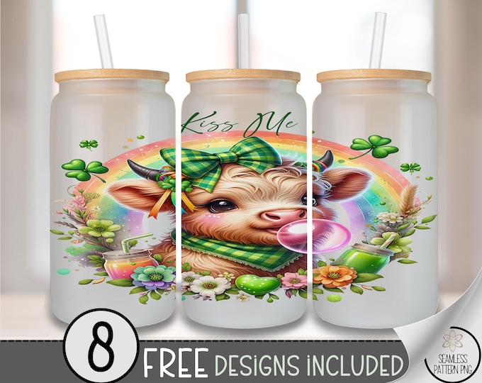 Lucky Cow Glass Can Wrap PNG: Coquette Highland Heifer, Digital Download, Shamrock Design, Sublimation, A797