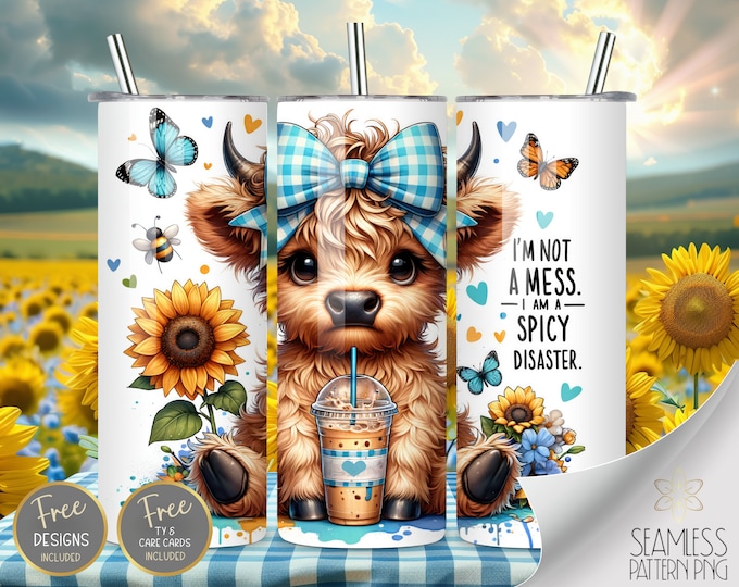 Cute Highland Cow Tumbler Wrap, Sunflower Coffee 20 oz Straight Tumbler Sublimation, Gingham Tumbler Design Files, Cute Butterfly Tumbler