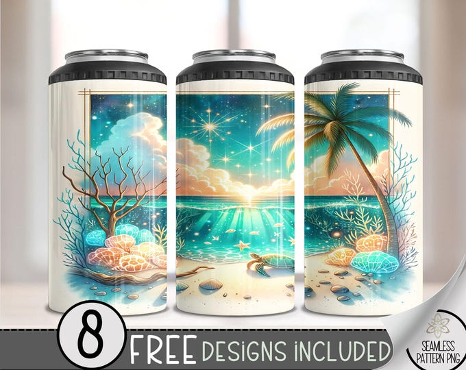 Beach Turtle 4 in 1 Can Cooler Wrap, Geometric Ocean 4in1 Tumbler PNG, Seamless Seashore 16 Oz Can Cooler Sublimation Design,Gulf Coast Palm