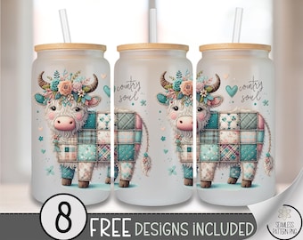 Patchwork Glass Can Wrap, Farmhouse 16oz Glass Tumbler Sublimation Design, Digital Download, Cute Cow with Floral Crown PNG File A498