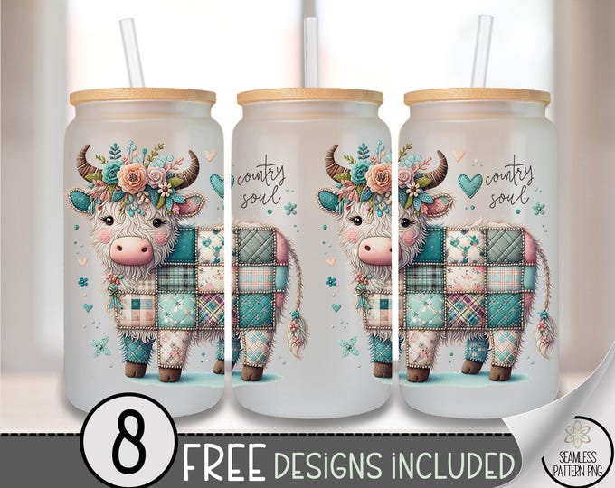 Patchwork Glass Can Wrap, Farmhouse 16oz Glass Tumbler Sublimation Design, Digital Download, Cute Cow with Floral Crown PNG File A498
