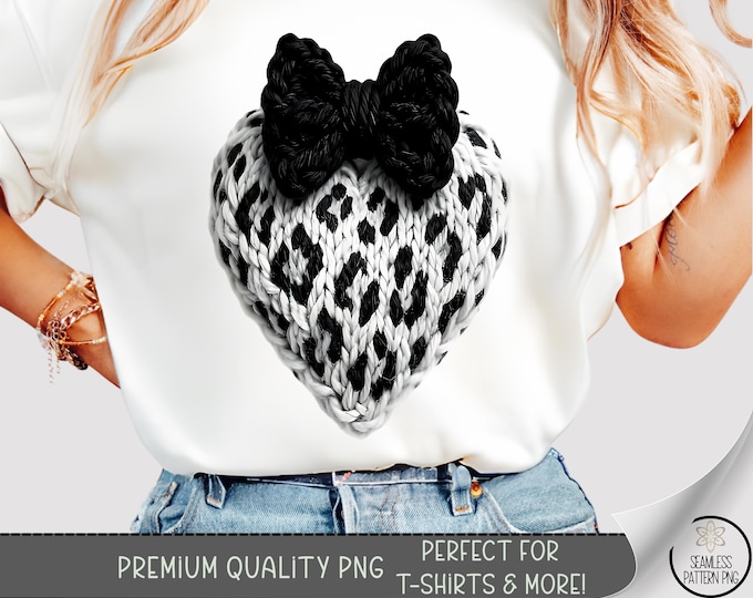 Leopard Heart T-shirt PNG, Faux Yarn Sublimation Design, Faux Embroidery DTF Shirt Graphic, Coquette Bow TShirt File, A811