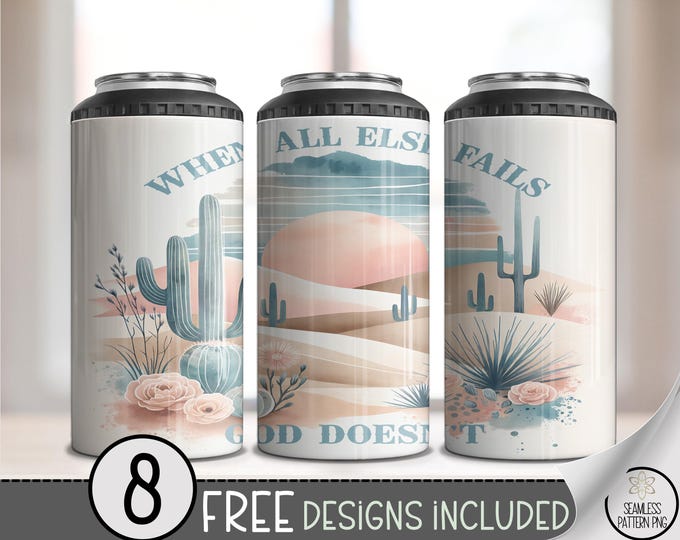 God Doesn't Fail 4in1 Can Cooler Wrap, Rustic Inspirational Sublimation Design, Calm 16 oz 4-in-1 File with Vintage Desert Scene, A667