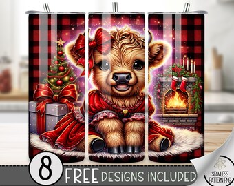 Cute Highland Cow Tumbler Wrap, Xmas 20oz Tumbler Sublimation Design, Christmas Rustic Country Tumbler, Red Buffalo Check Tumbler Wrap