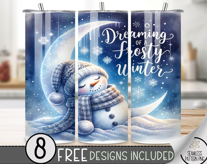 Cute Snowman Tumbler Wrap, Snowman Sublimation Tumbler Design, Winter Tumbler Wrap, Sleepy Snowmen 20Oz Skinny Wrap, Celestial Tumbler PNG