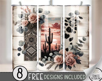 Country Western Tumbler Wrap, Boho Western Cactus 20oz Straight Tumbler Sublimation Design, Floral Country Girl Tumbler Wrap File PNG, A68