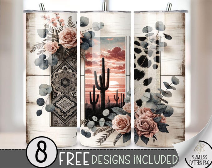Country Western Tumbler Wrap, Boho Western Cactus 20oz Straight Tumbler Sublimation Design, Floral Country Girl Tumbler Wrap File PNG, A68