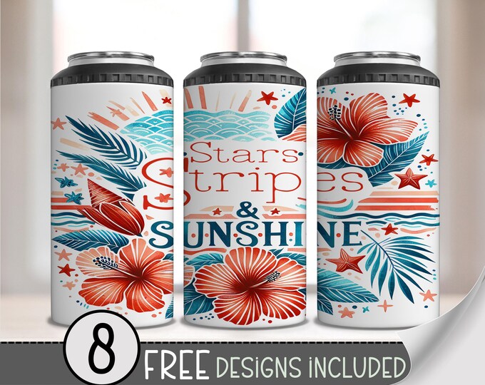 Stars Stripes & Sunshine 4-in-1 Can Cooler Wrap PNG, Red White Blue Floral Patriotic Design, Summer Sublimation for Can Holders A253