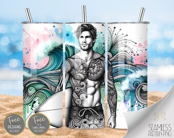 Surf Guy Zentangle 20 Oz Skinny Sublimation Tumbler Design, Watercolor Zentangle PNG, Seamless Earth Tones Design Instant Download Zen PNG