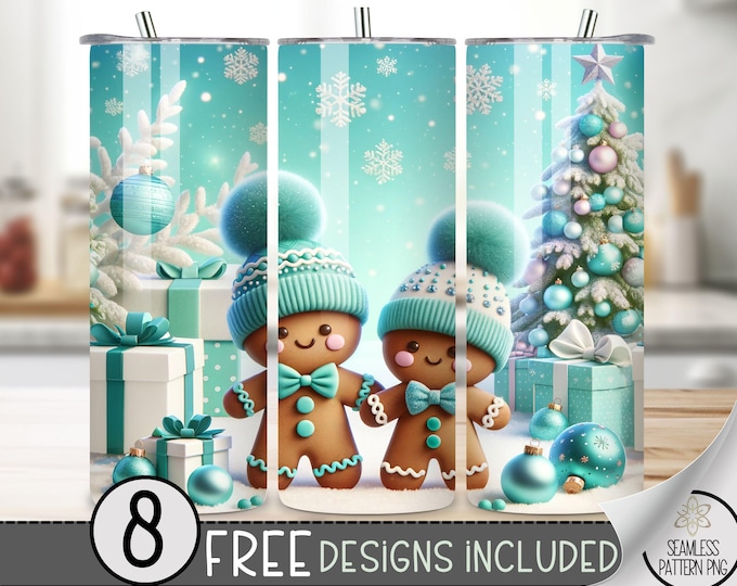 Christmas Gingerbread Tumbler Wrap PNG, 20 Oz Christmas Tumbler Sublimation Design, Blue Holiday Tumbler Wrap, Winter Tumbler Wrap Design