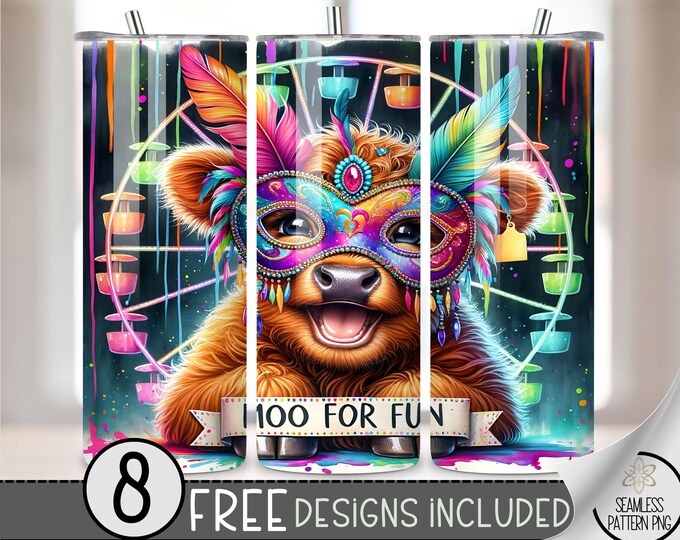 Highland Cow Mardi Gras Tumbler Wrap, Carnival Sublimation Design PNG, New Orleans 20Oz Skinny Tumbler File, Festival Tumbler PNG