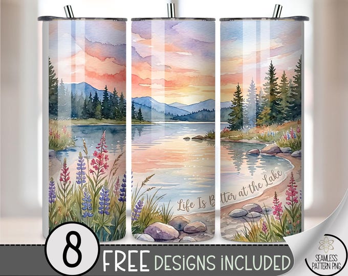 Lakeside Landscape 20 oz Tumbler Wrap, Gentle Sublimation Design for Straight Tumblers, Cozy PNG File,  B10062