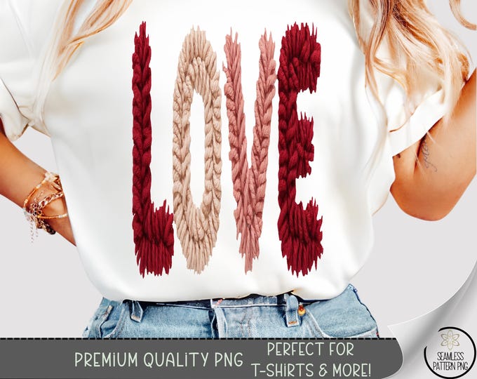 Love T-shirt PNG, Latch Hook Faux Yarn Sublimation Design, Retro Valentine DTF Shirt Graphic, Faux Yarn Lettering TShirt File, A815