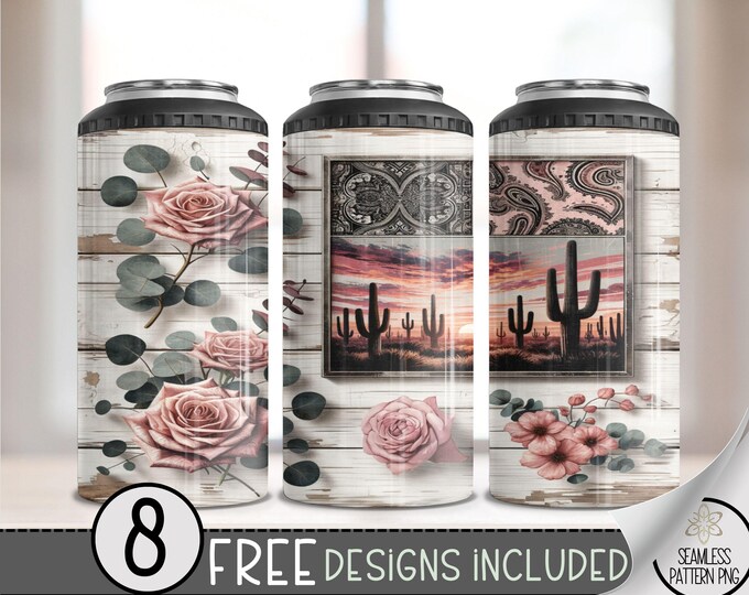 Country Western 4 in 1 Can Cooler Wrap,Western Rose 4in1 Tumbler PNG,Floral Cactus 16 Oz Can Cooler Sublimation Design,Seamless Country PNG