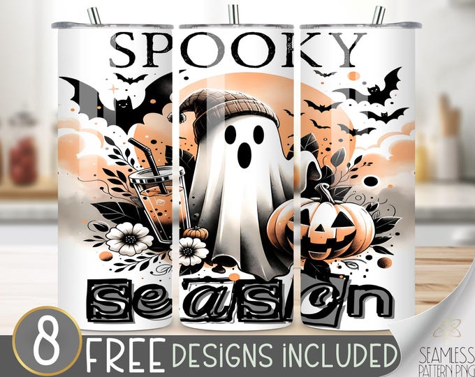 Spooky Season Ghost Halloween 20 oz Tumbler Wrap Design, Sublimation PNG, Jack-o'-Lantern Pumpkin, Fall Bats, Orange and Black Halloween PNG